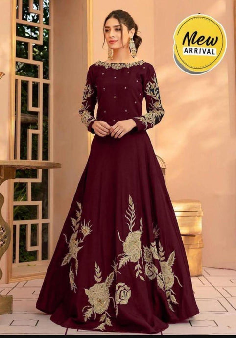 Embroidered Maroon Maxi Dress - Women's Stitched - 1 Pc