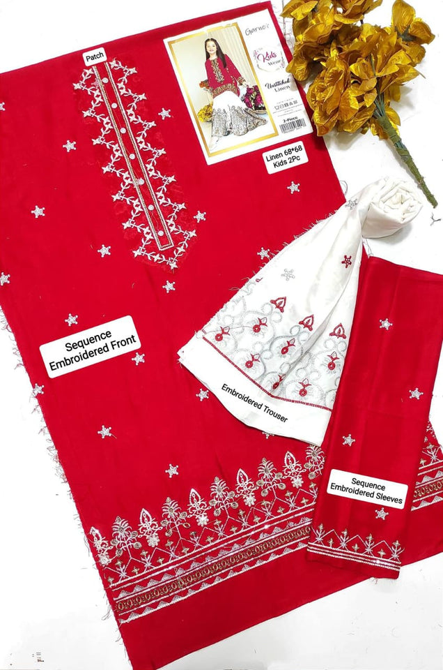 2 Pcs Girl's Linen Embroidered Unstitched Suit
