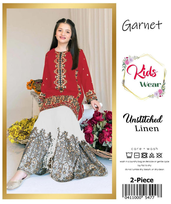 2 Pcs Girl's Linen Embroidered Unstitched Suit
