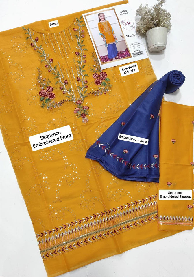 2 Pcs Girl's Linen Embroidered Unstitched Suit